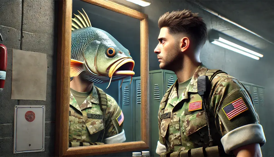 Un militar que se mira en un espejo y ve un pez