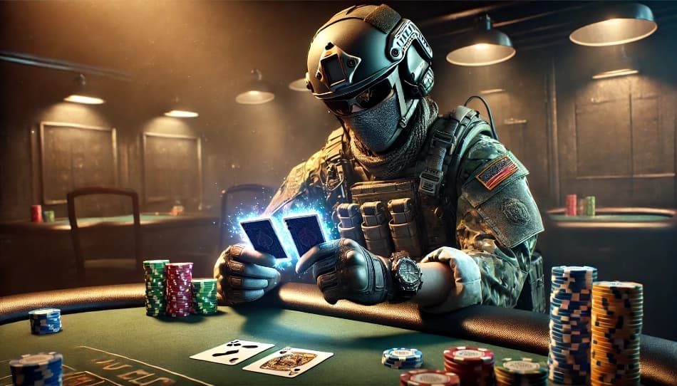 Un militar que sostiene dos cartas de póker brillantes en sus manos