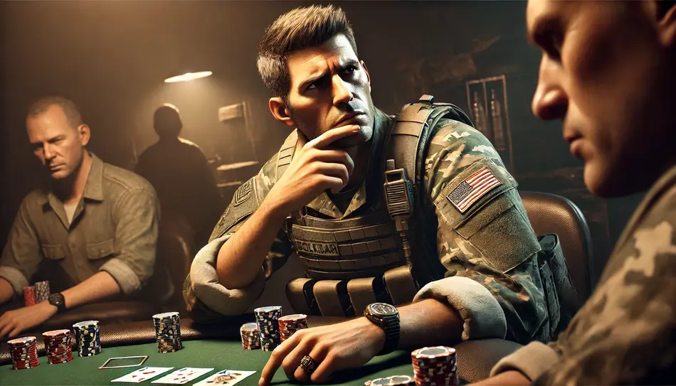 Un militar que duda mientras juega al póker