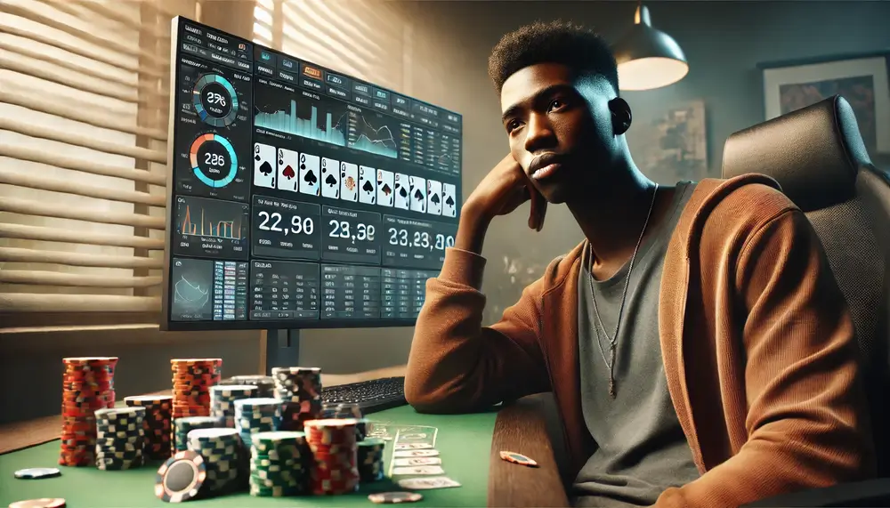 Un hombre reflexionando en su escritorio con fichas de póker
