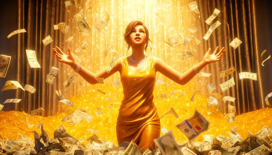 Red-haired woman under a rain of coins and banknotes