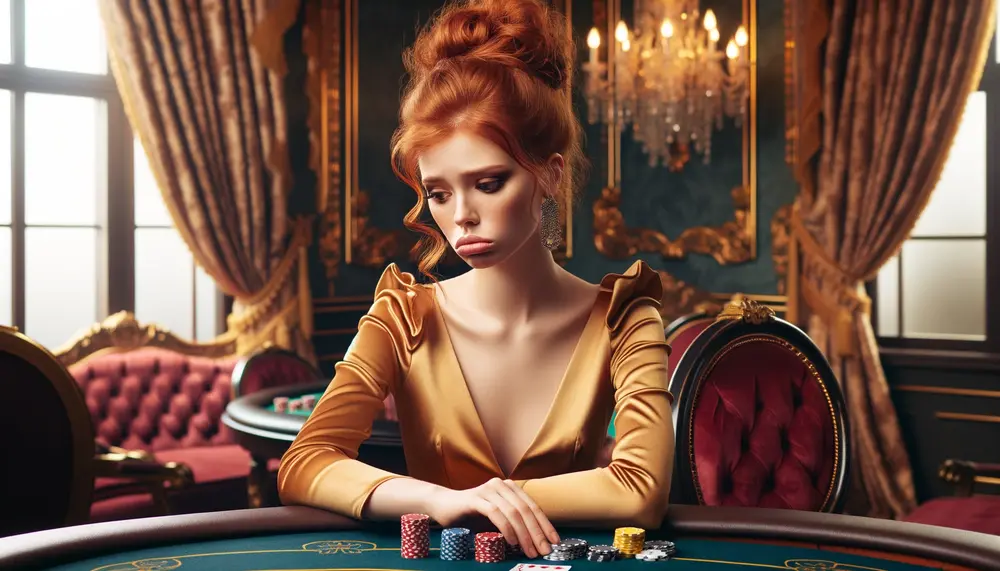 Red-haired woman who is sad because she is losing at poker
