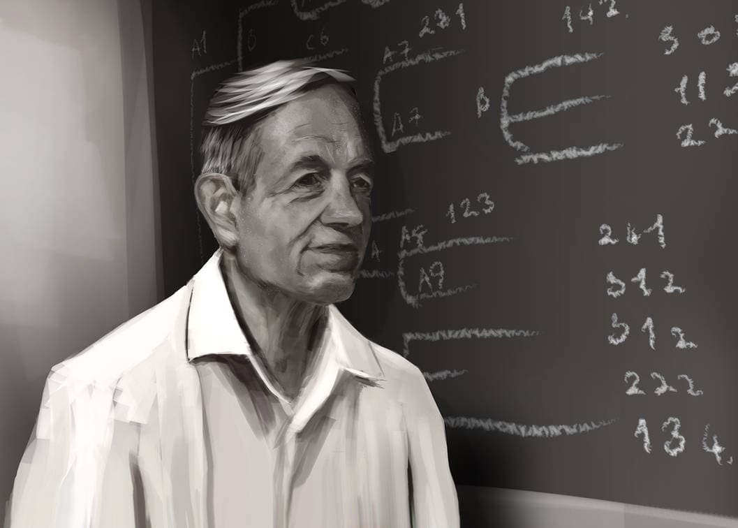 Drawing of John Nash in front of a blackboard