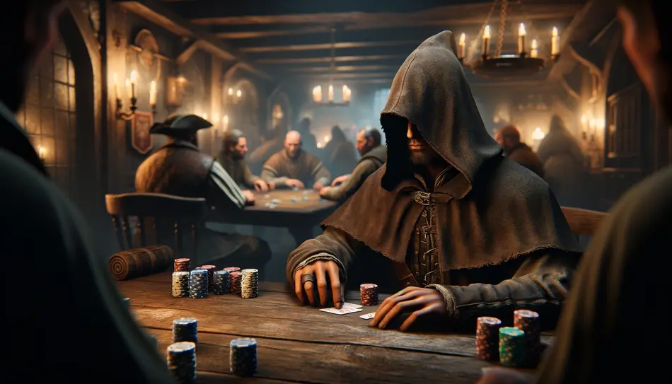 Un hombre vestido con una capa que le cubre la cabeza juega al póker en una taberna