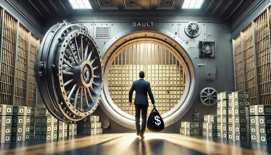 Image of a man bringing huge amounts of money into a bank vault.