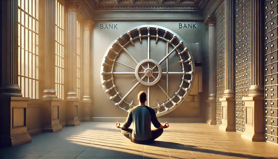 Image of a person meditating in front of a bank vault.