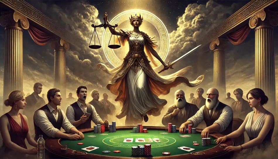 Greek goddess of justice in front of poker players