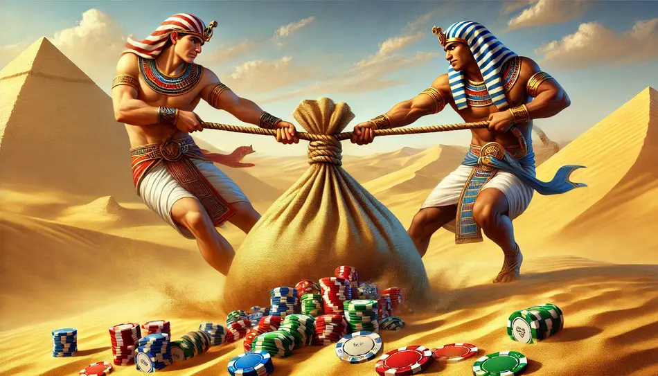 Two Egyptians trying to share a bag full of poker chips