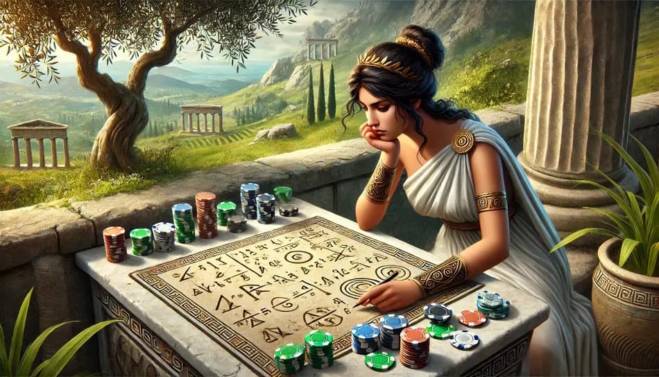 Image of a Greek woman thinking in front of mathematical writings. There are also poker chips in the image.