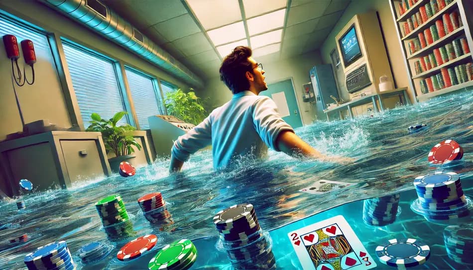 A scientist is drowning in his laboratory due to rising water, with poker chips