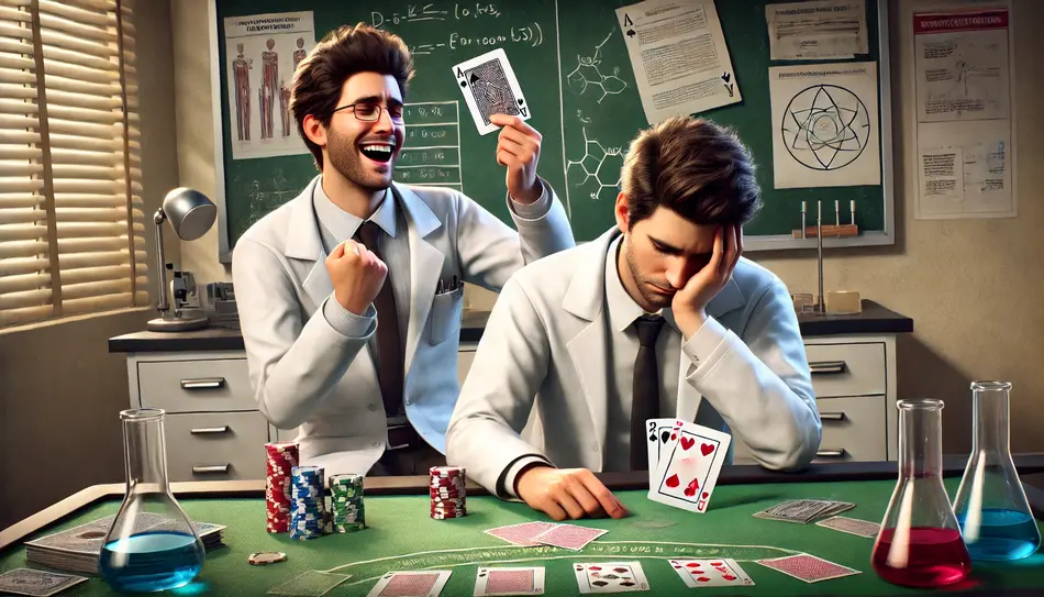 Two scientists playing poker, one wins and the other loses
