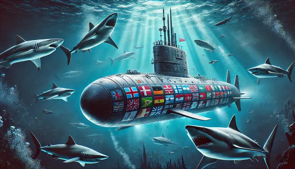 Image of a submarine with flags on it surrounded by sharks