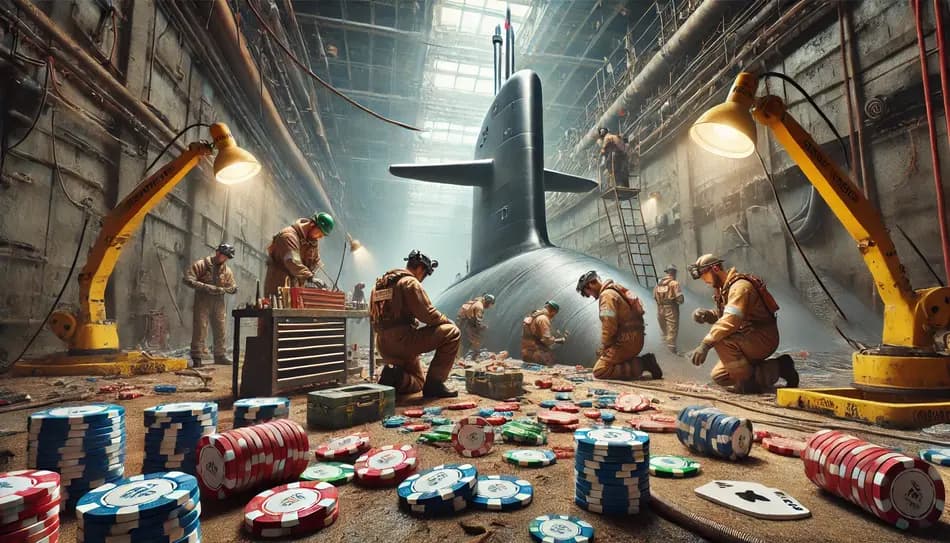 Image of people repairing a submarine with poker chips