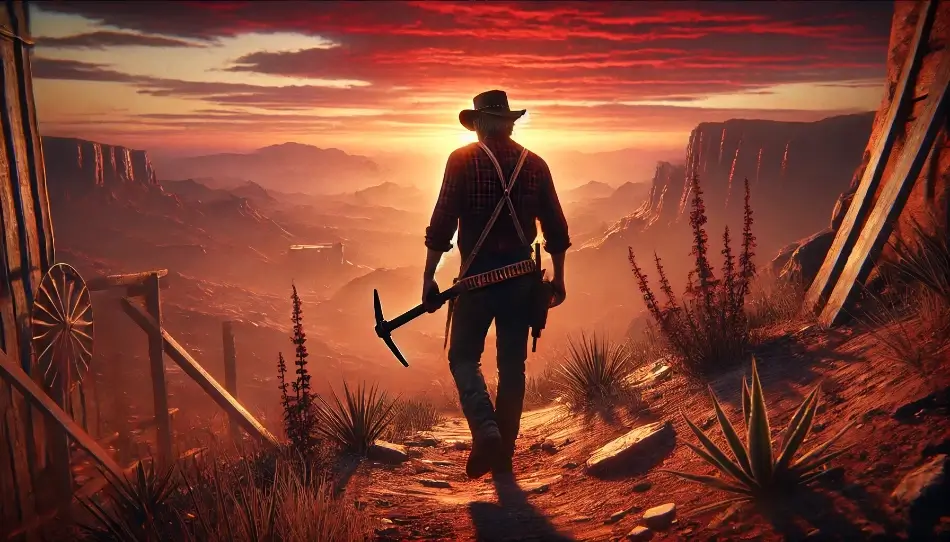 Image of a cowboy with a pickaxe under a beautiful sunset