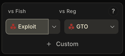 Widget abajo a la derecha de la sidebar: dos menús desplegables vs Fish y vs Reg que muestran la referencia activa, con un botón + Custom debajo.