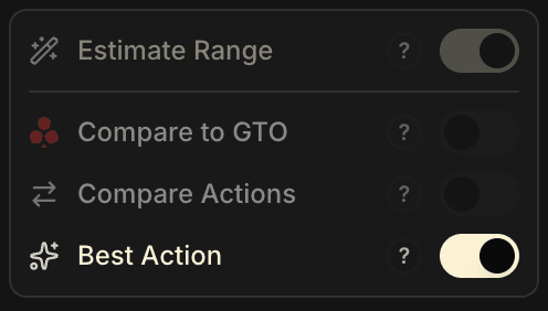 Sidebar des toggles avec le mode Meilleure Action activé. Les autres modes (Estimate Range, Comparer à la GTO, Comparer Actions) sont désactivés.