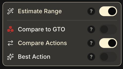 Sidebar des toggles avec le mode Comparer Actions activé. Estimate Range est aussi activé, Comparer à la GTO et Meilleure Action sont désactivés.