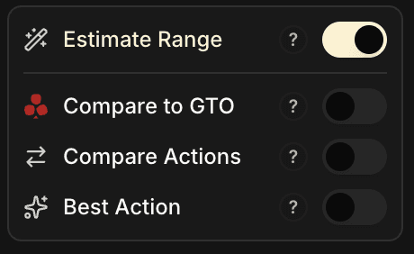 Sidebar de l'onglet Global EV affichant les quatre toggles : Estimate Range (activé), Comparer à la GTO, Comparer Actions et Meilleure Action.