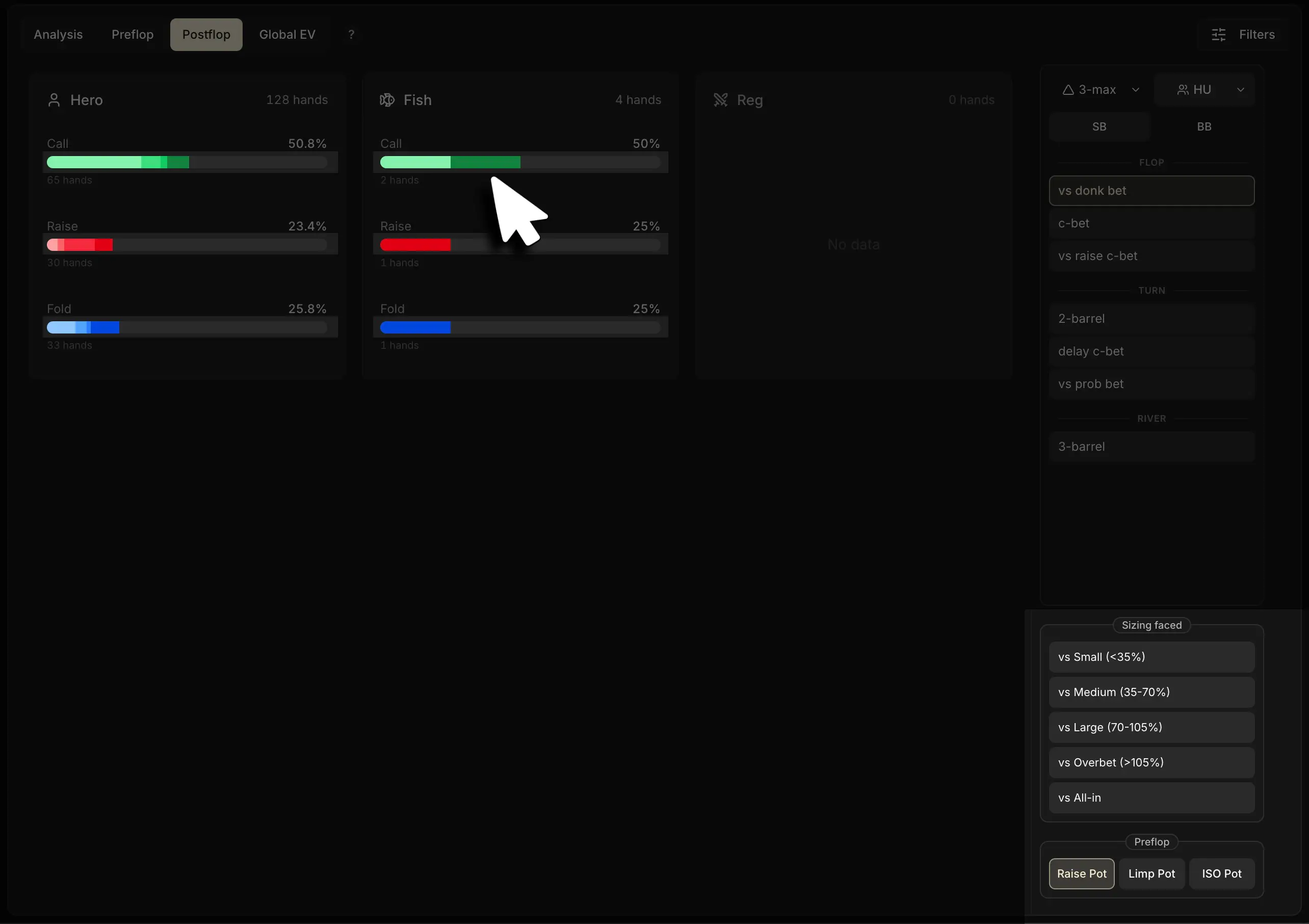 Postflop tab: right sidebar highlighted (3-max/HU, SB/BB, FLOP, TURN, RIVER, pot type, vs sizing). The three panels and the hand list are blurred.