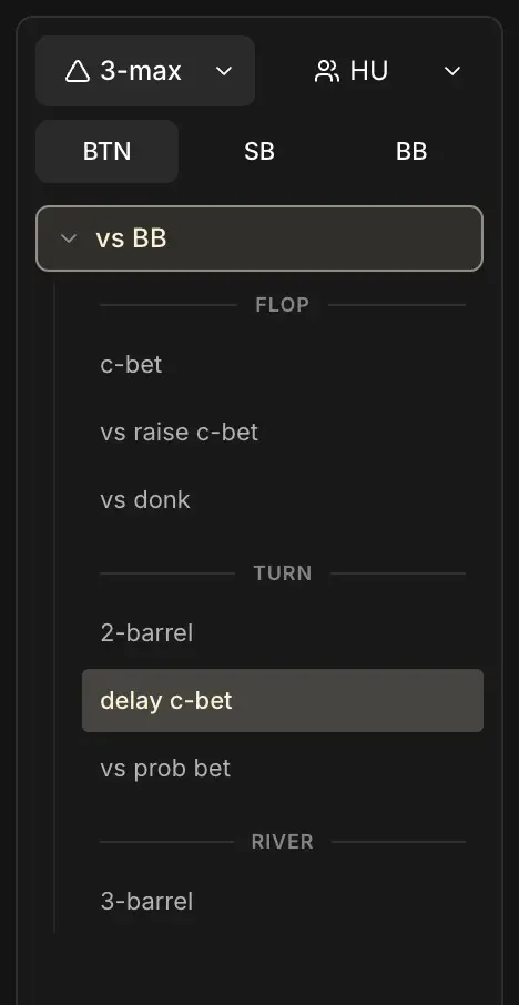 Postflop tab: example of a selected situation in 3-max, Hero on the BTN facing only BB, river after check-check flop and BB checks turn, delay c-bet spot for Hero.