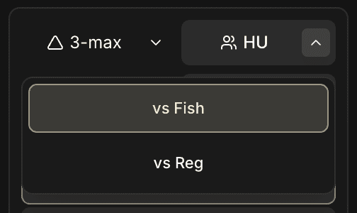 Filter dropdown menu on a panel: two options 'vs Fish' (highlighted) and 'vs Reg', under the 3-max / HU header.