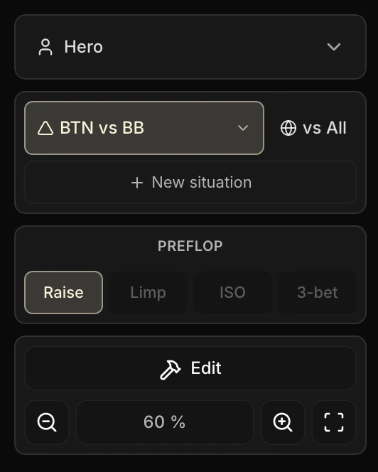 Sidebar of the Postflop tab: the profile selector ("Hero"), the situation selector ("BTN vs BB") with the vs filter, the "New situation" button, the preflop pot type selector (Raise / Limp / ISO / 3-bet) and the tree controls (Edit + zoom).
