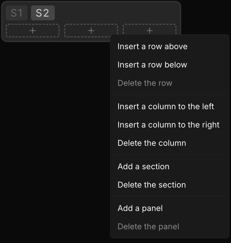 Menú contextual abierto con el clic derecho sobre la cuadrícula del tablero: insertar una fila encima o debajo, eliminar la fila, insertar una columna a la izquierda o a la derecha, eliminar la columna, añadir o eliminar una sección, añadir o eliminar un panel. Arriba a la izquierda, las pestañas de sección S1 y S2 y tres casillas vacías marcadas con un más.
