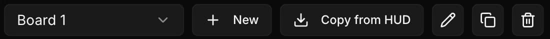 La barra de gestión de configuraciones encima del Resumen: el selector de la configuración activa, y luego los botones Nuevo, Copiar desde HUD, Renombrar, Duplicar y Eliminar.