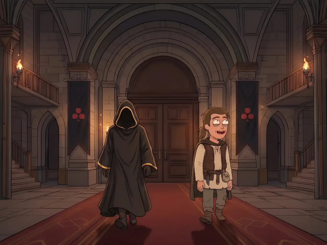 Un joueur accueilli dans le hall de l'Académie Poker Sciences par une figure encapuchonnée