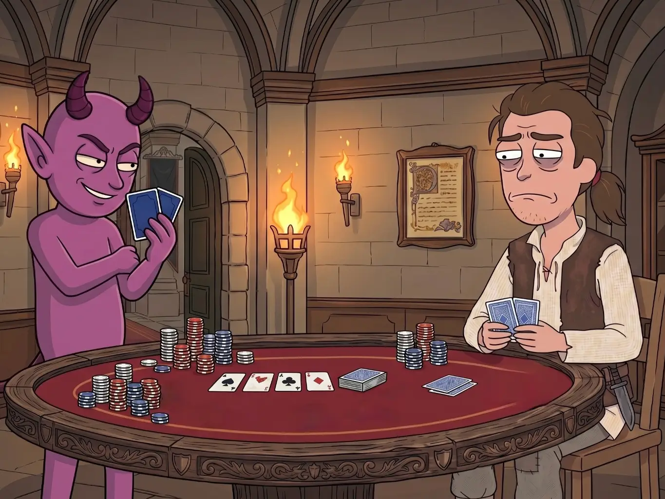 Trois joueurs autour d'une table de poker, avec un joueur encapuchonné au centre