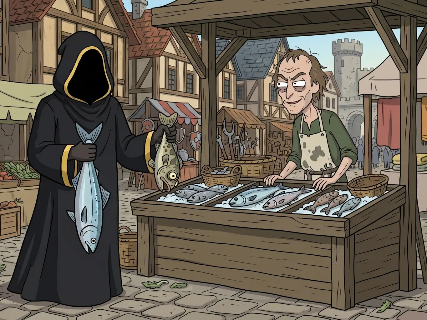 Puesto de pescados: los grandes peces en la vitrina, los pequeños y feos vendidos en realidad