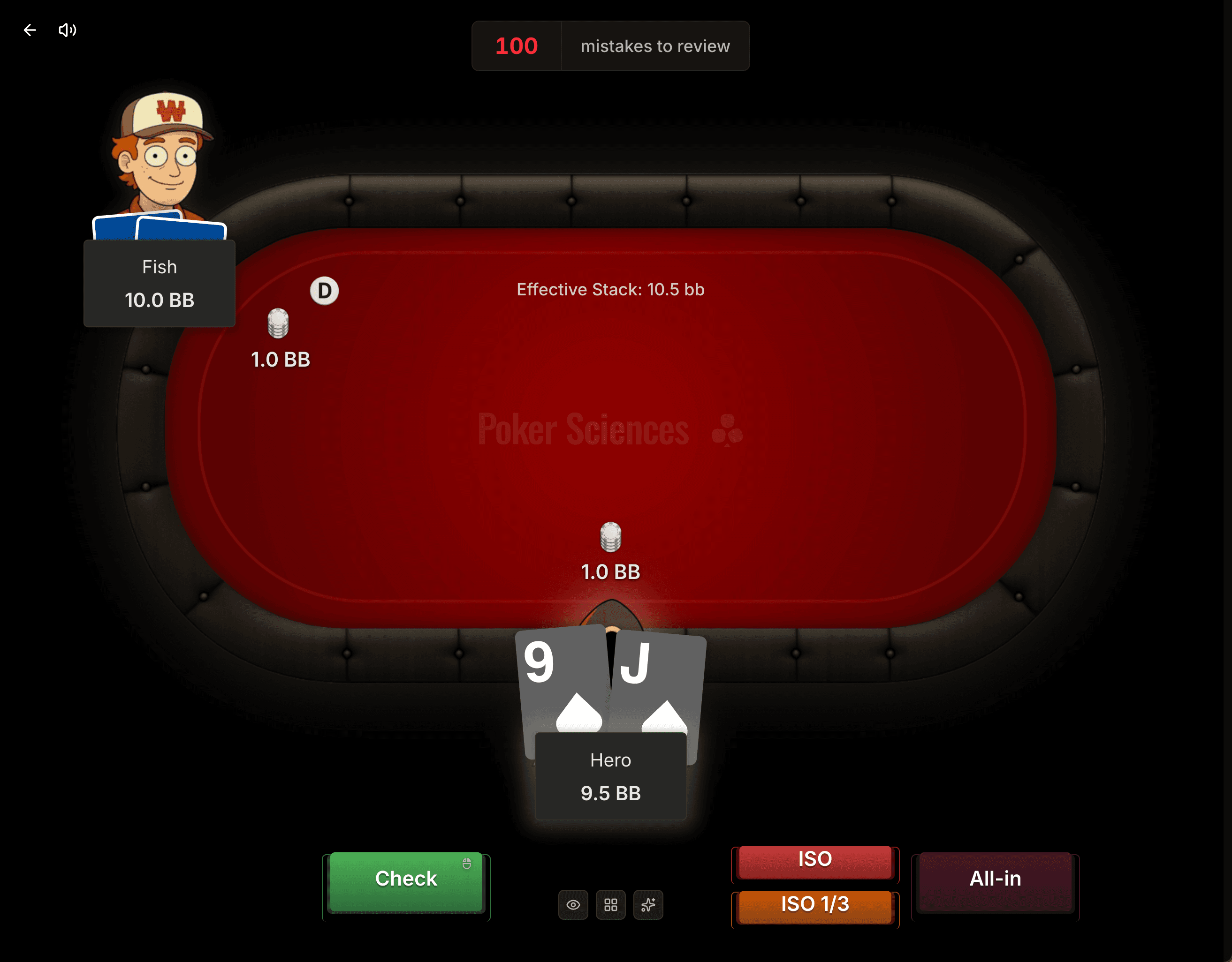 Interface du mode Rejouer les erreurs : table de poker avec la main du Hero, l'adversaire Fish en face, les boutons d'action en bas et le compteur d'erreurs restantes en haut.