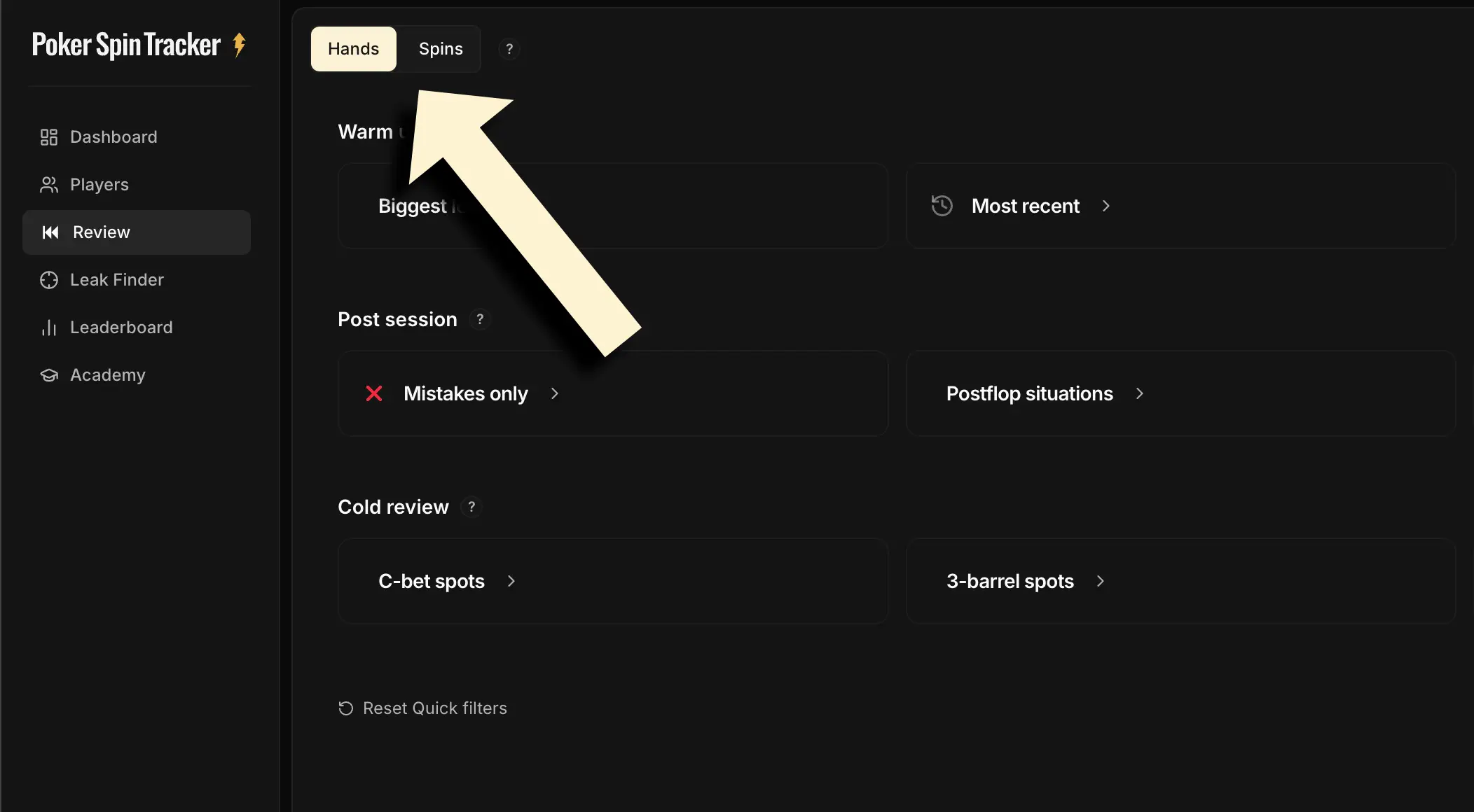Selector to choose between the Hands view and the Spins view on the Review page.