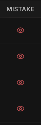 The Mistake column appears on the right when the Mistakes only filter is active, with an eye icon per hand.