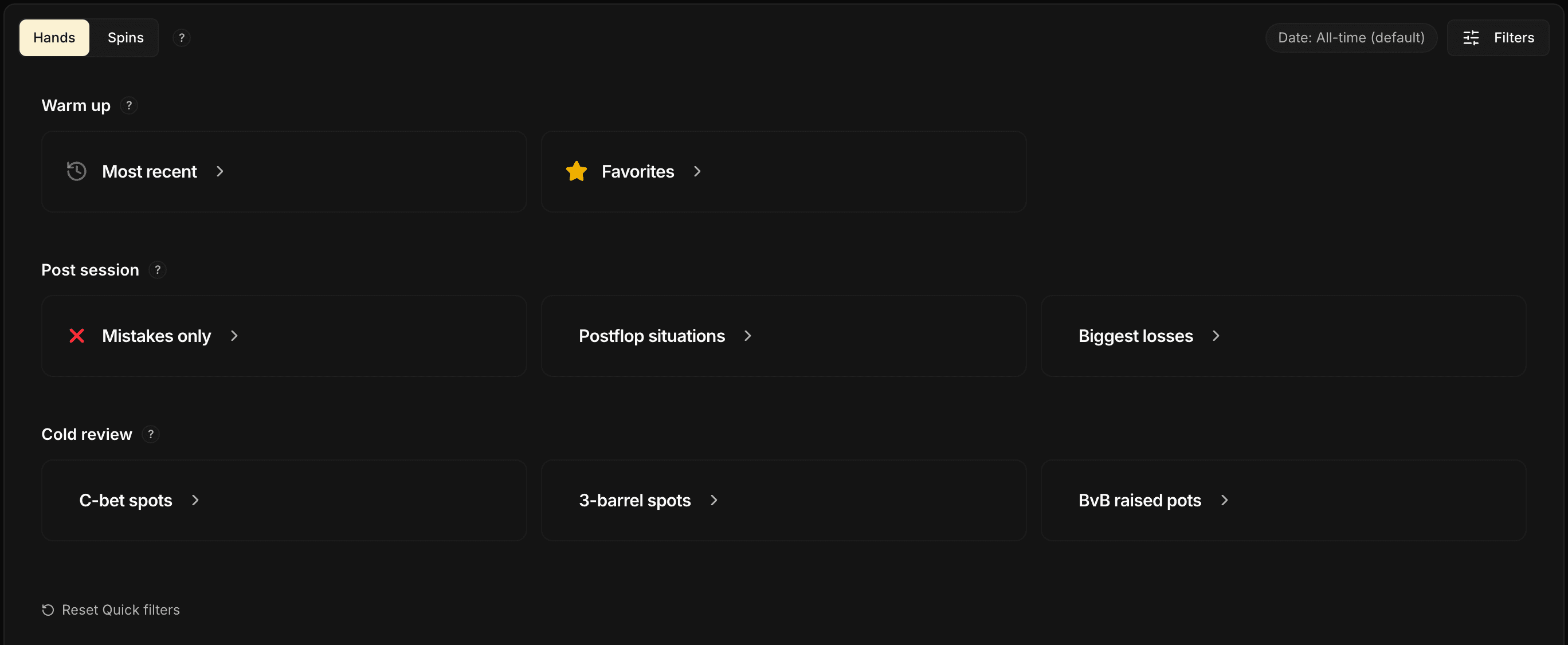 La barre des Quick Filters avec ses 3 sections : Warm up, Post session, À revoir à froid.