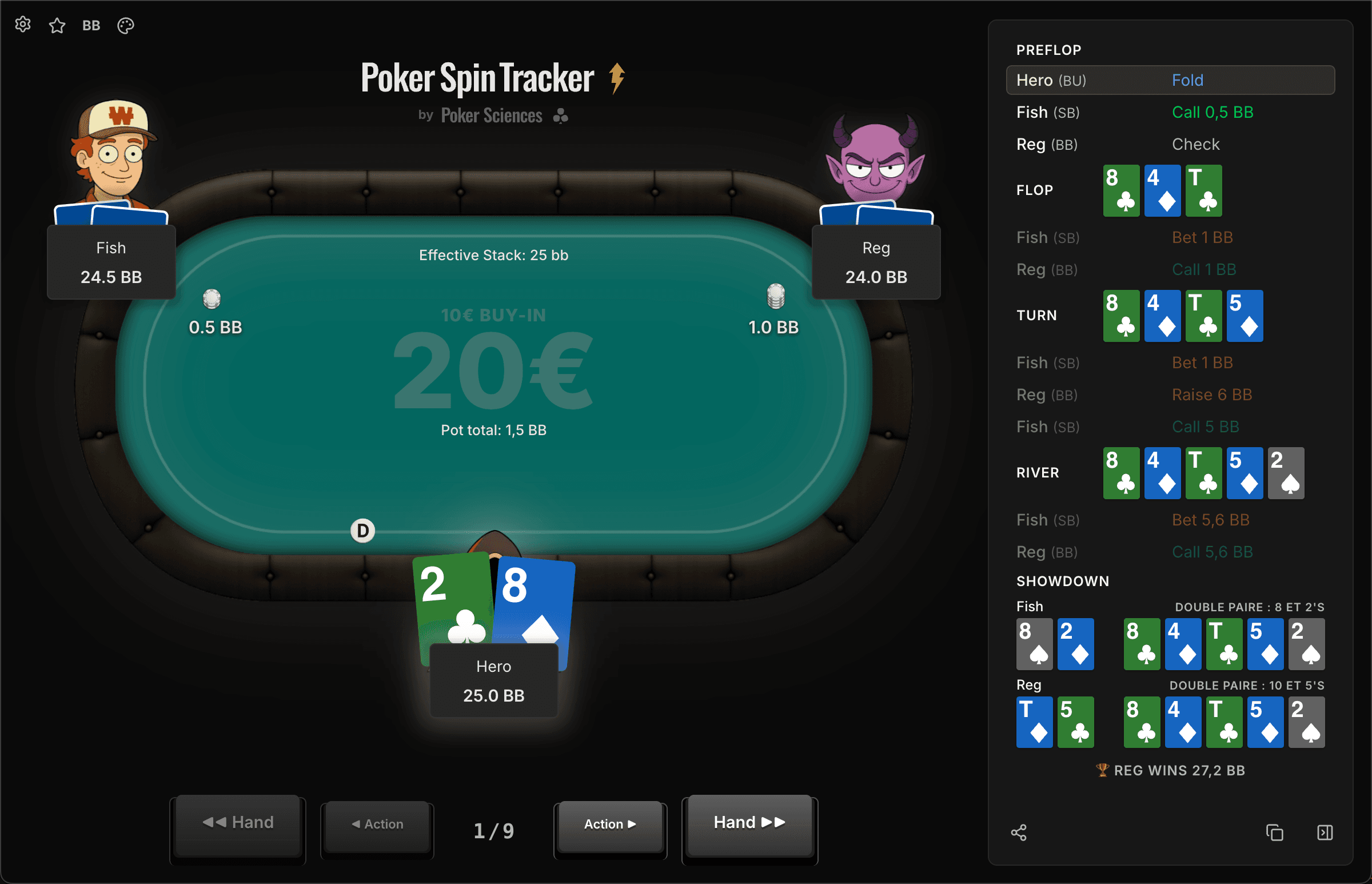 Le Replayer de main avec la table reconstituée, la liste d'actions à droite et les contrôles de navigation en bas.