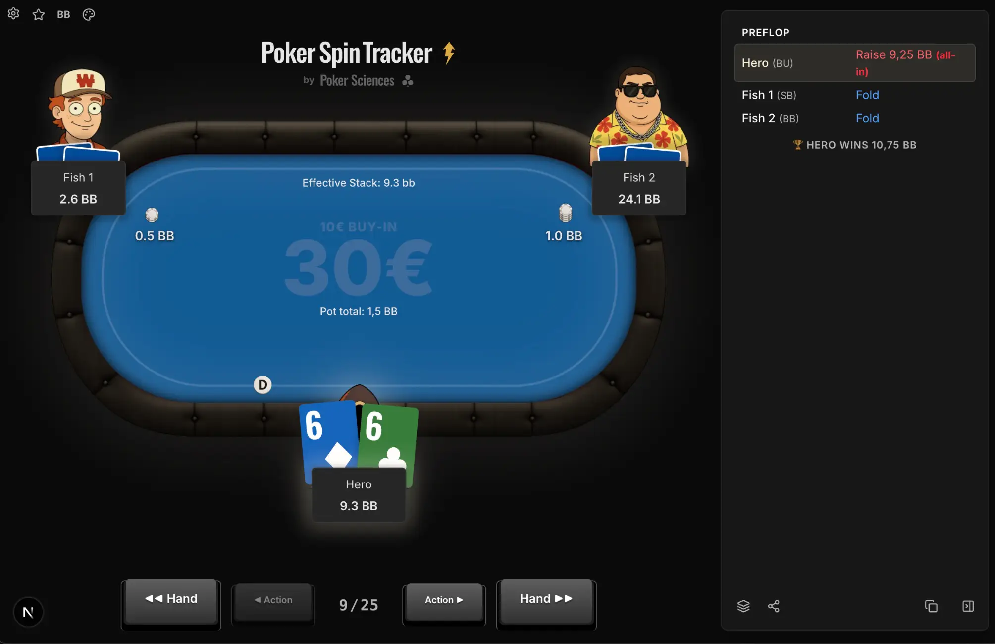 Capture d'écran de la review de mains dans Poker Spin Tracker
