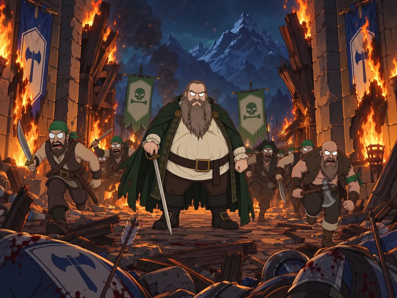 Agamemnon avance avec ses hommes dans une cité en flammes.