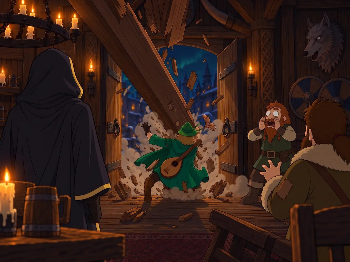 Une poutre s'effondre sur un barde dans une taverne.