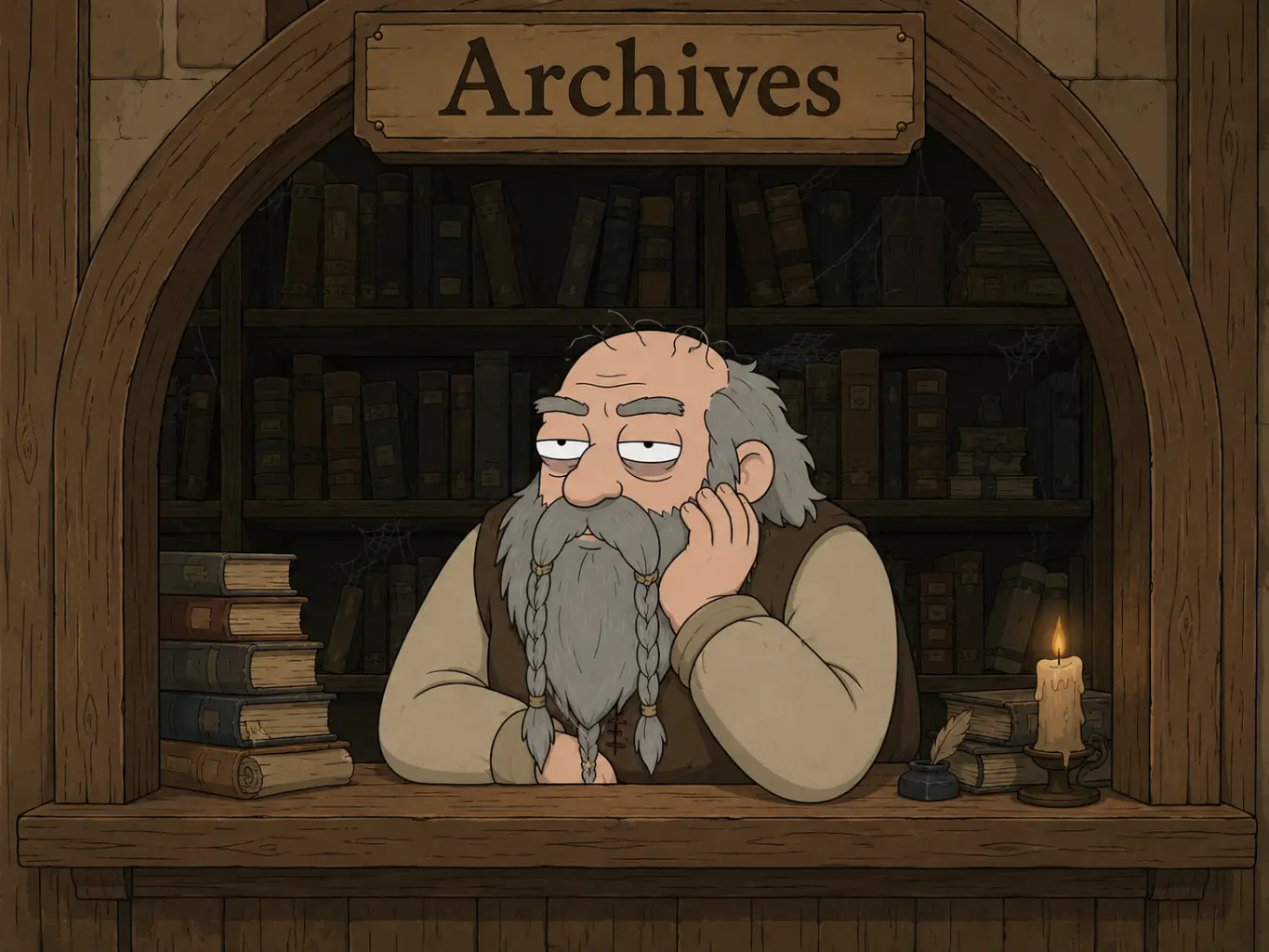 Un archivero sentado tras su mostrador, delante de las estanterías de sus archivos.