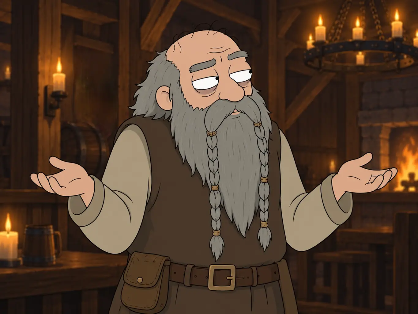 Un personnage réfléchit dans une taverne.