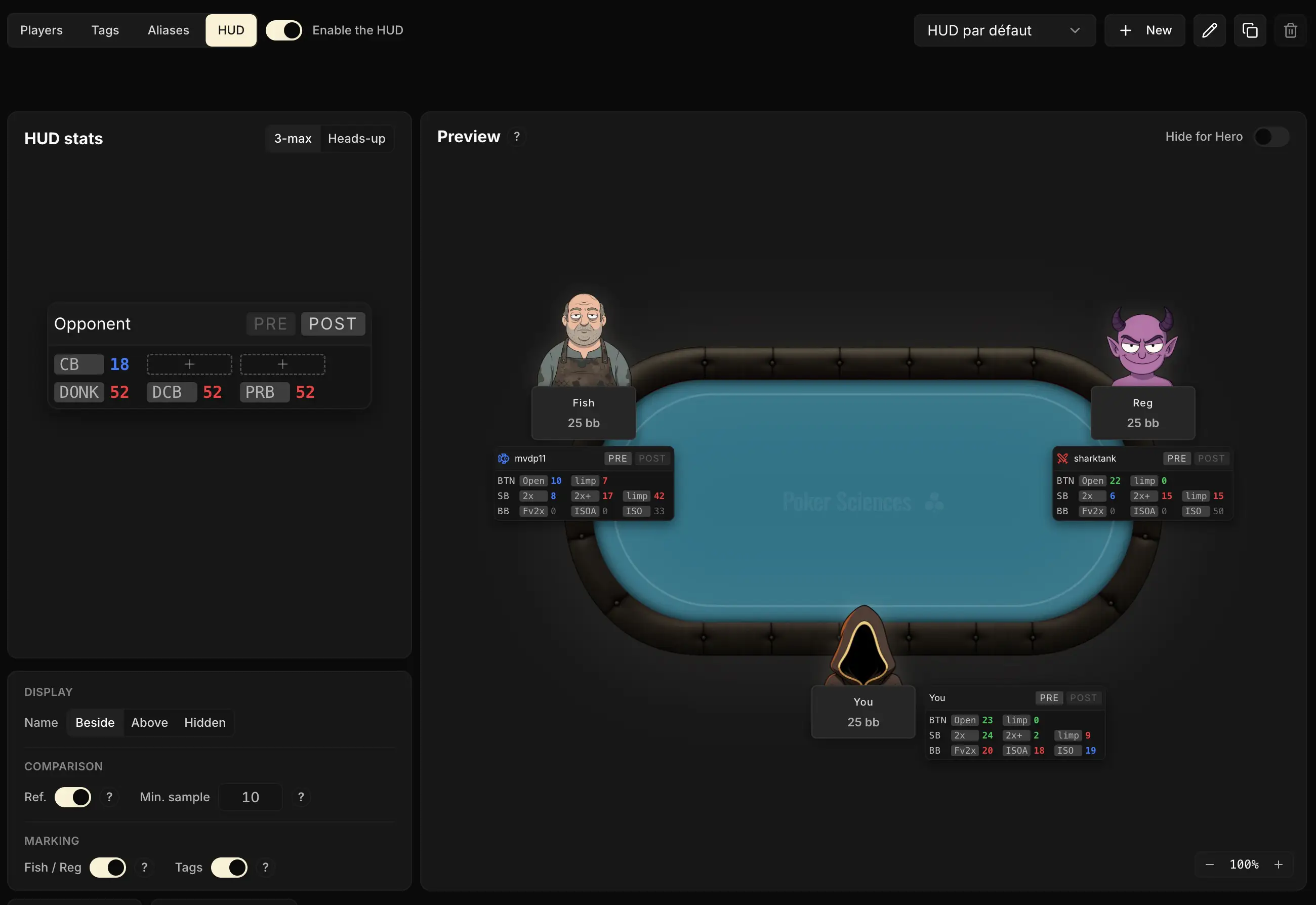 La page de configuration du HUD dans Poker Spin Tracker.