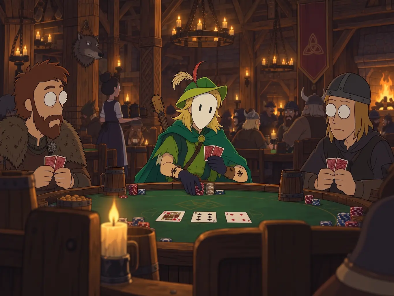 Un barde masqué joue au poker face à deux adversaires dans une taverne.