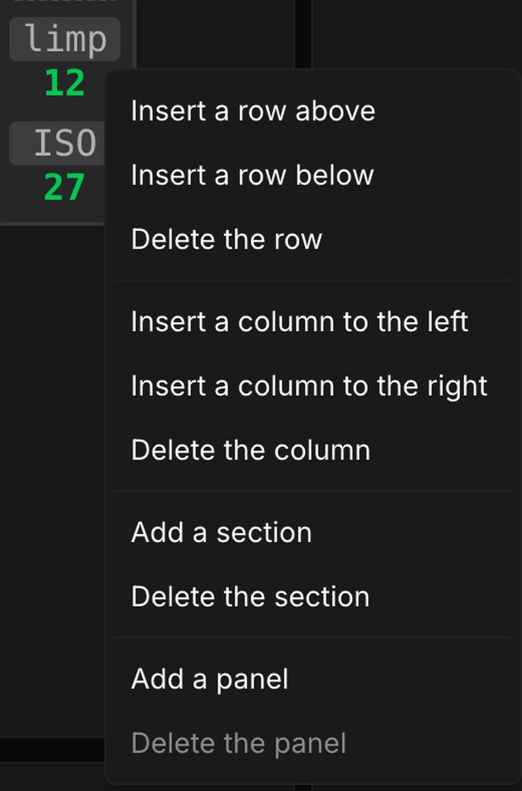 Le menu ouvert au clic droit sur une case du bloc : insérer une ligne au-dessus ou en dessous, supprimer la ligne, insérer une colonne à gauche ou à droite, supprimer la colonne, ajouter ou supprimer une section, ajouter ou supprimer un panneau.