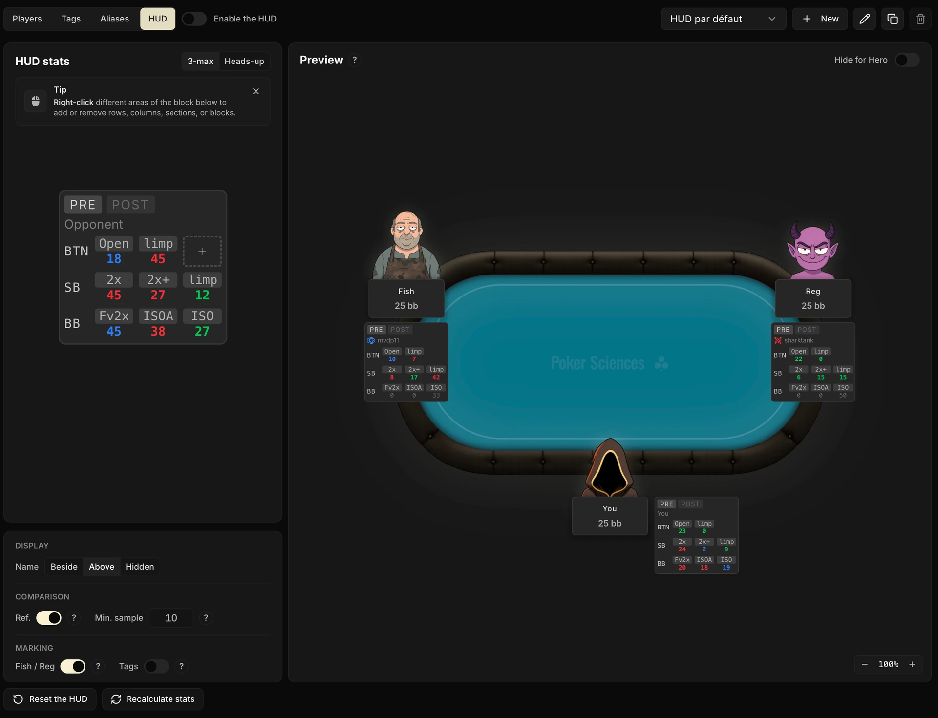 L'onglet HUD de la page Joueurs : en haut l'interrupteur d'activation et le sélecteur de HUD (nouveau, renommer, dupliquer, supprimer) ; à gauche l'éditeur du bloc, avec la bascule 3-max / Heads-up, la grille aux onglets PRE et POST et ses lignes BTN, SB, BB, puis les réglages d'affichage, de comparaison et de marquage ; à droite l'aperçu du HUD posé sur une table factice, avec un Fish, un Reg et le bloc du héros.