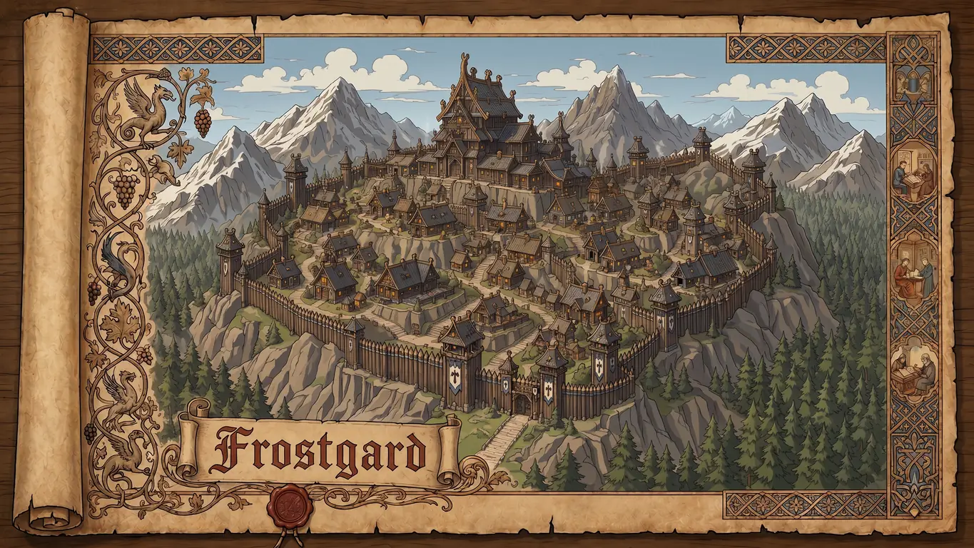 Vista de Frostgard, la principal ciudad fortificada de los Reinos del Norte, rodeada de montañas nevadas.