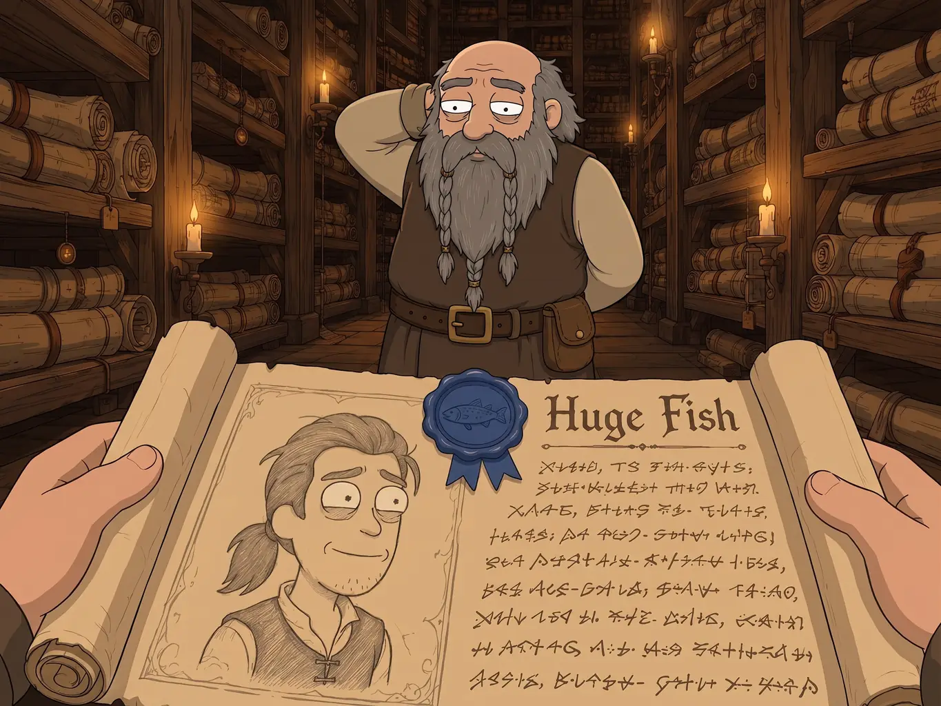 Un archivero incómodo ante el cartel de búsqueda de un jugador clasificado como Huge Fish.