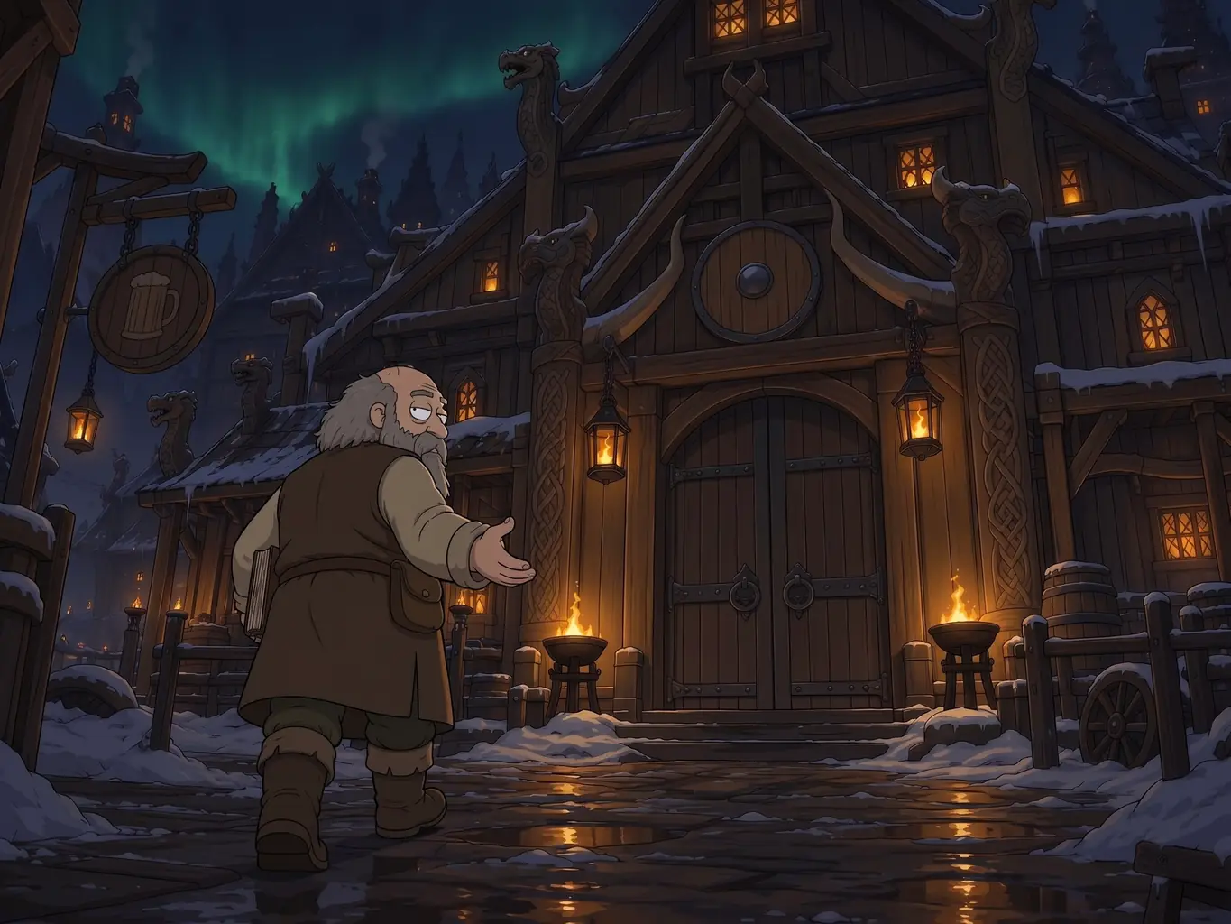 Un personnage vous invite devant l'entrée éclairée d'une taverne enneigée.