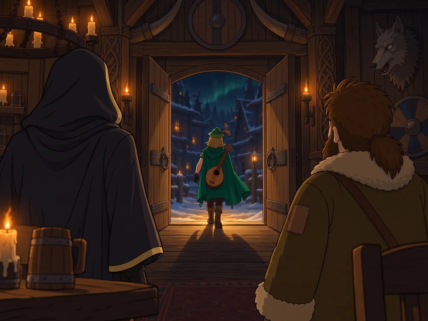 A bard leaves a tavern under the gaze of two onlookers.