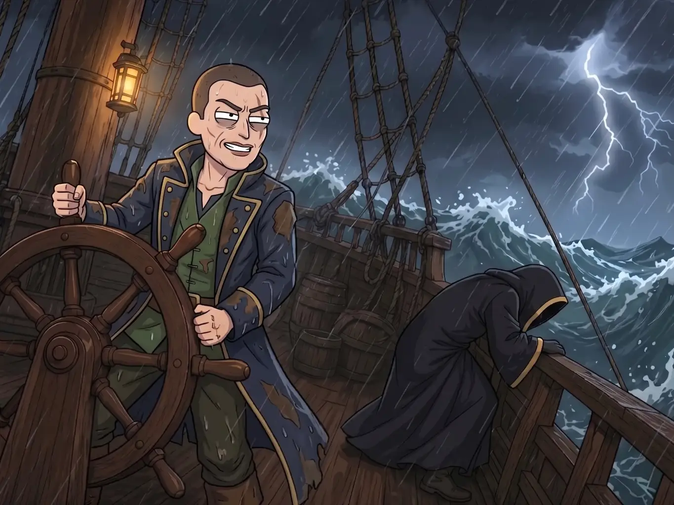 La capitana al timón en plena tormenta, mientras El Mago, inclinado sobre la borda, sucumbe al mareo.